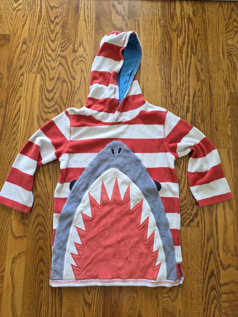 Mini Boden Red and White Striped Shark Hooded Kids Swim Coverup